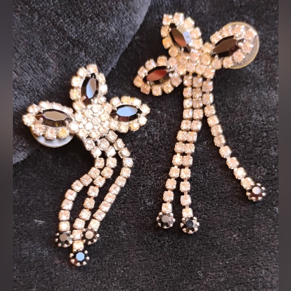 Art Deco Cocktail Rhinestone Earrings Black & Clear Dangled Pageant RARE